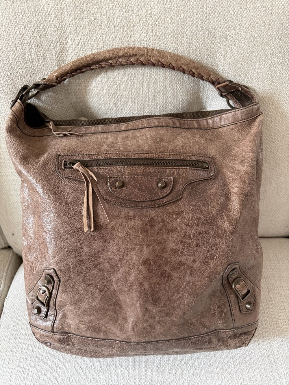Balenciaga Distressed Leather Shoulder Bag in Taupe Brown